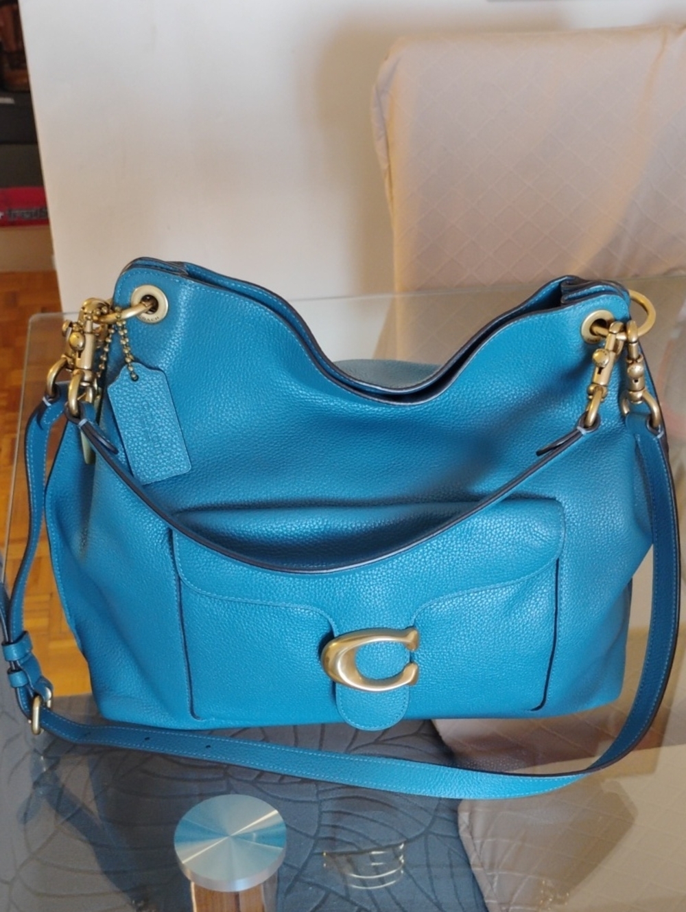 Coach Pebbled Leather Shoulder Bag in Turquoise Blue with Gold Hardware